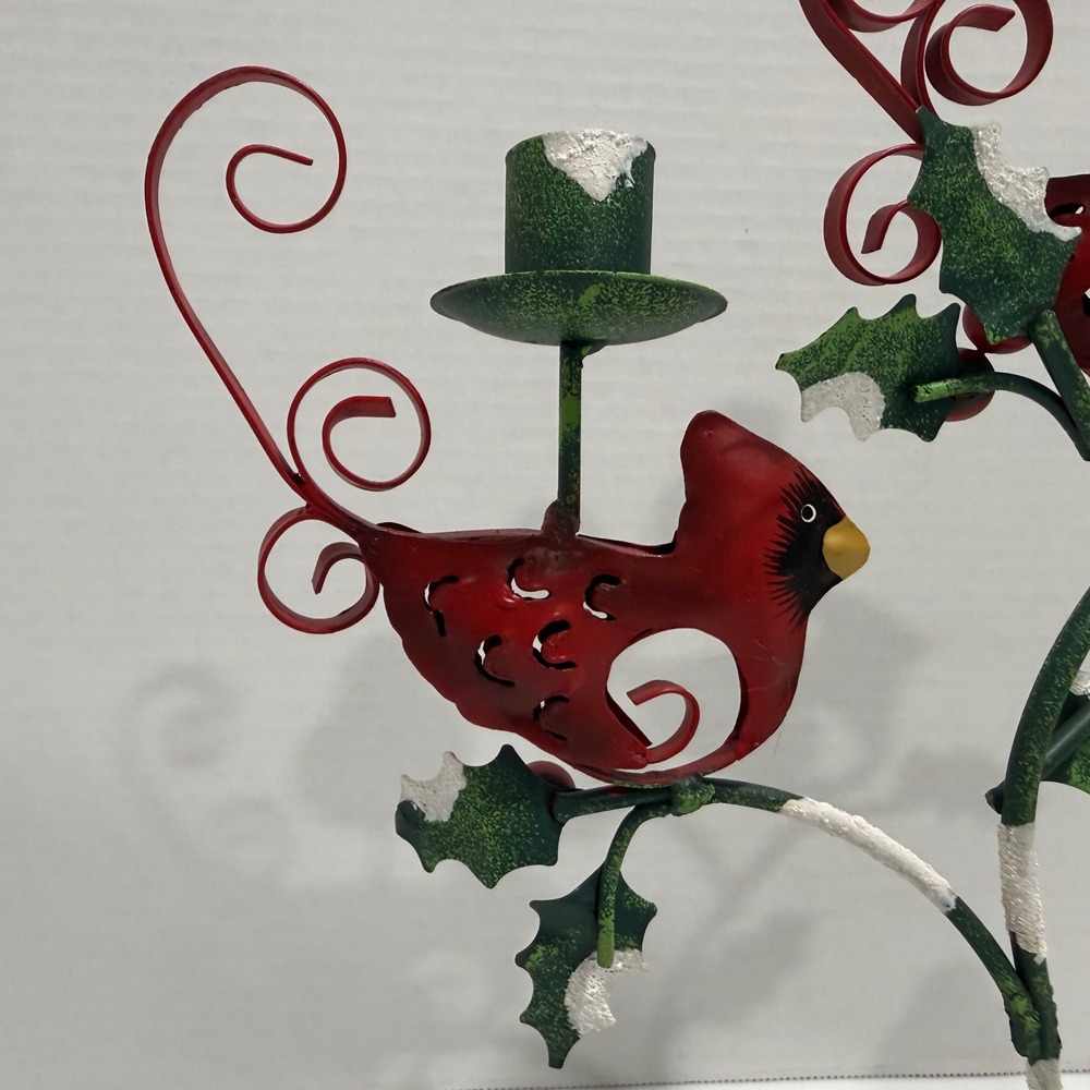 VTG Metal Cardinal Taper 3-Candle Holder Rustic Christmas Holly Bird Centerpiece - Picture 14 of 14